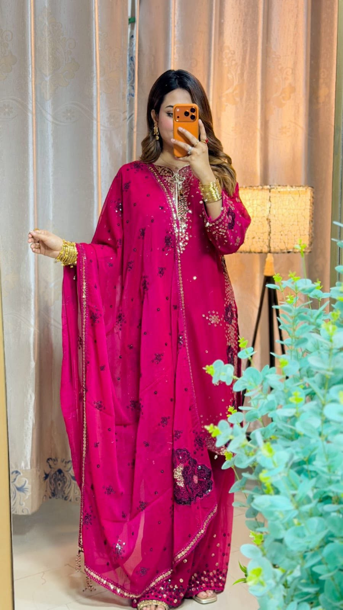 Original Pakistani Chiffon Stitched 3Pcs By Rangoon _ Magenta