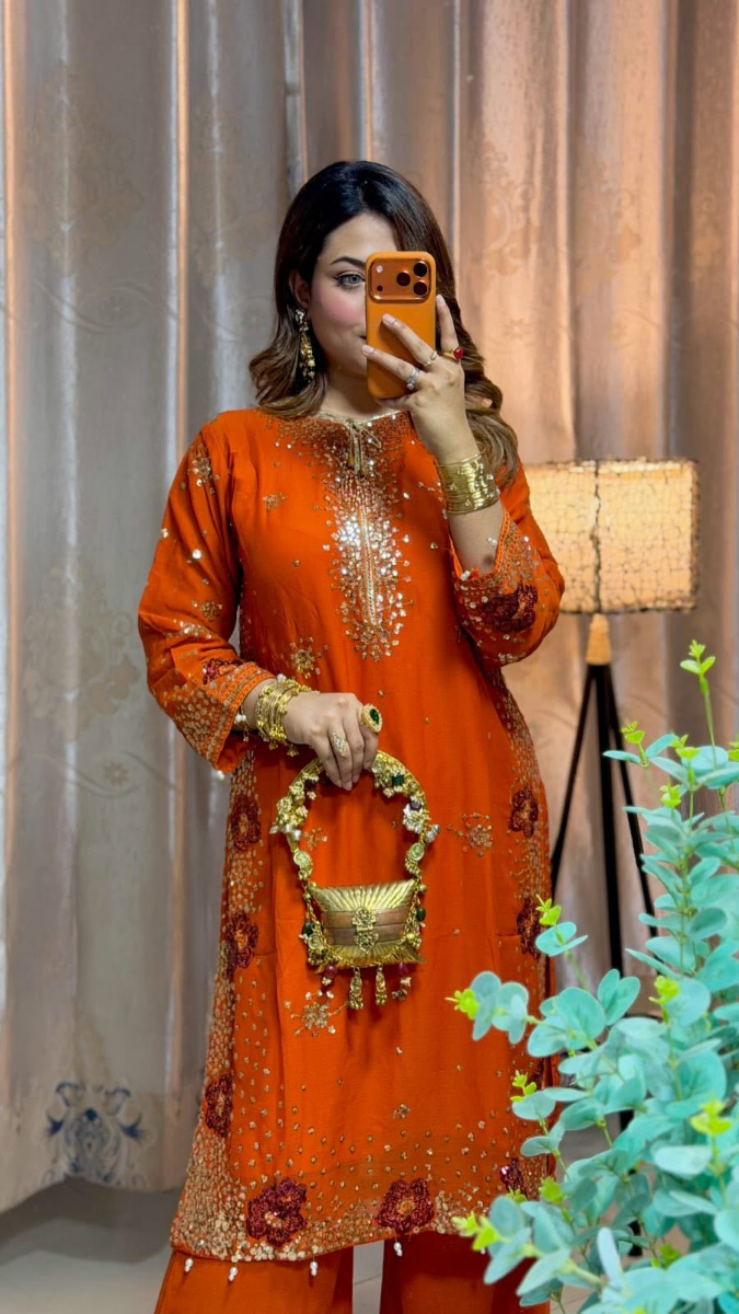 Original Pakistani Chiffon Stitched 3Pcs By Rangoon _ Rust 