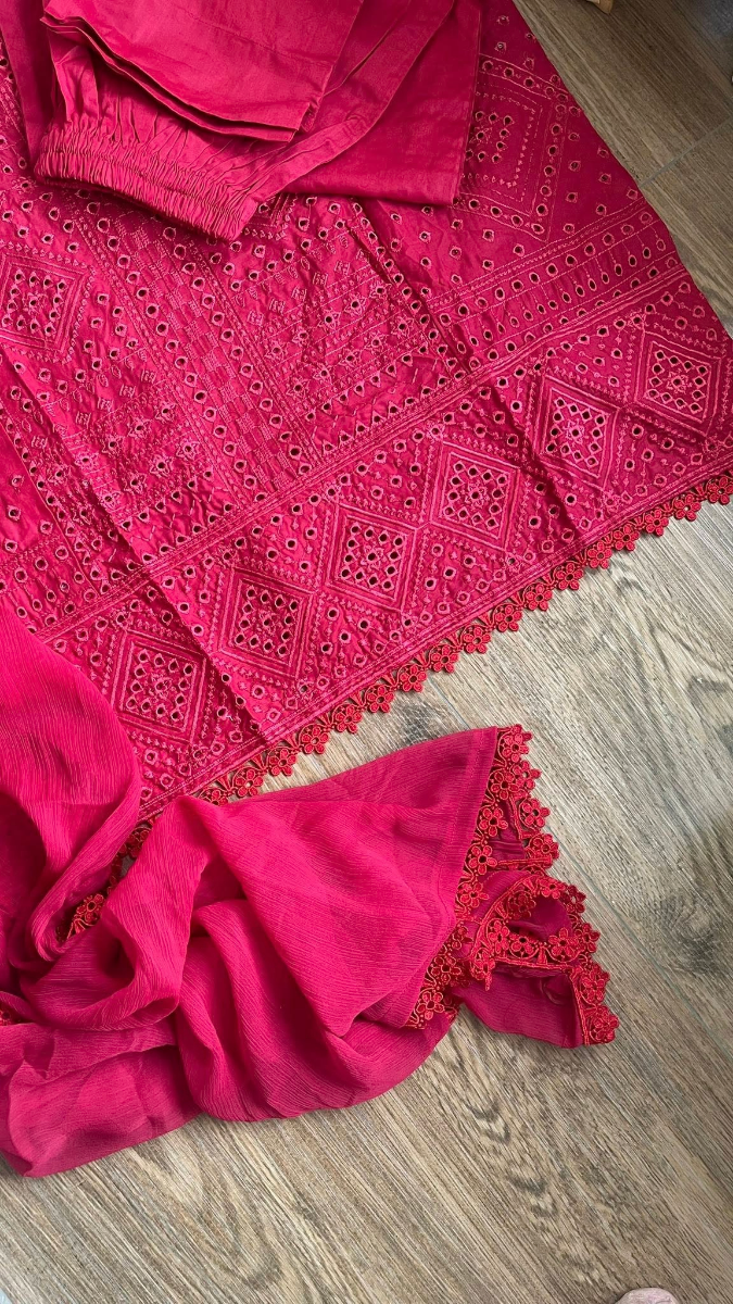 Pakistani Original Hayat’s Embroidered Stitched - Cotton 3Pcs _ Red 