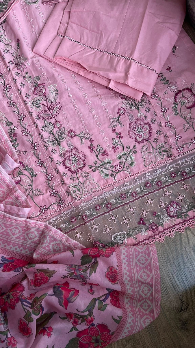 Pakistani Original Hayat’s Embroidered Stitched Cotton 3Pcs _ Pink 