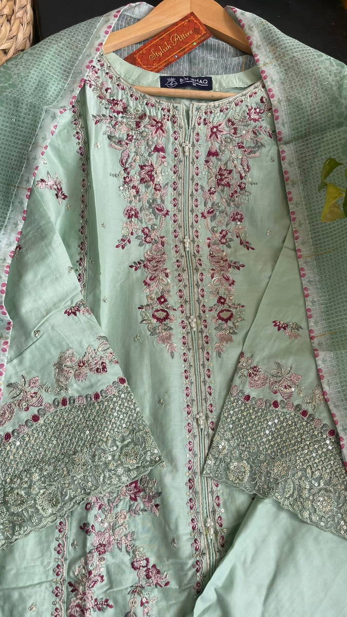 Pakistani Original Hayat’s Sister Brand Bin Ishaq Stitched Cotton 3Pcs Collection _ Aqua
