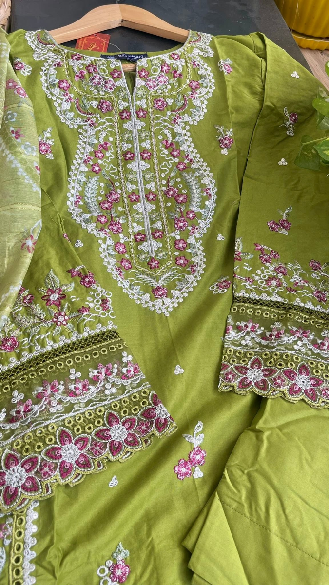 Pakistani Original Hayat’s Sister Brand Bin Ishaq Stitched Cotton 3Pcs_ Olive