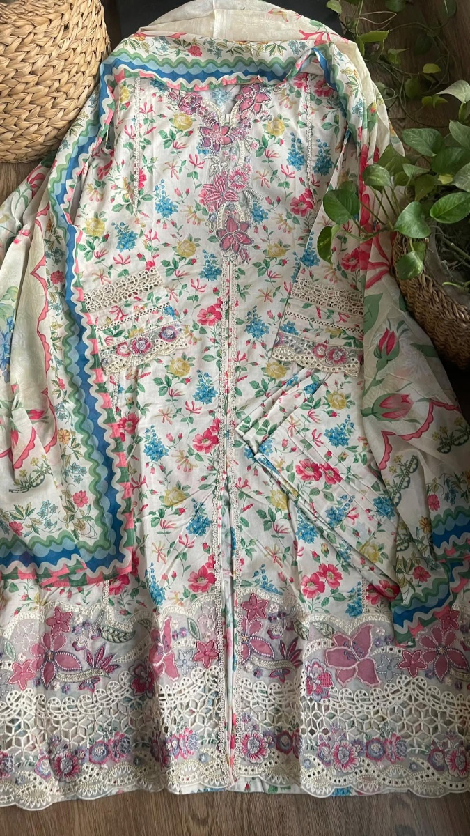 Pakistani Original Husnara Pure Lawn Embroidered Stitched 3Pcs _Off White