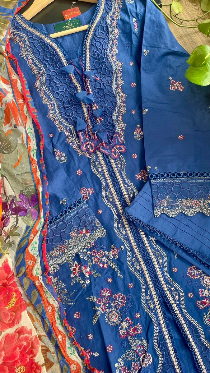 Pakistani Original Husnara Luxury lawn Stitched 3Pcs _ Blue