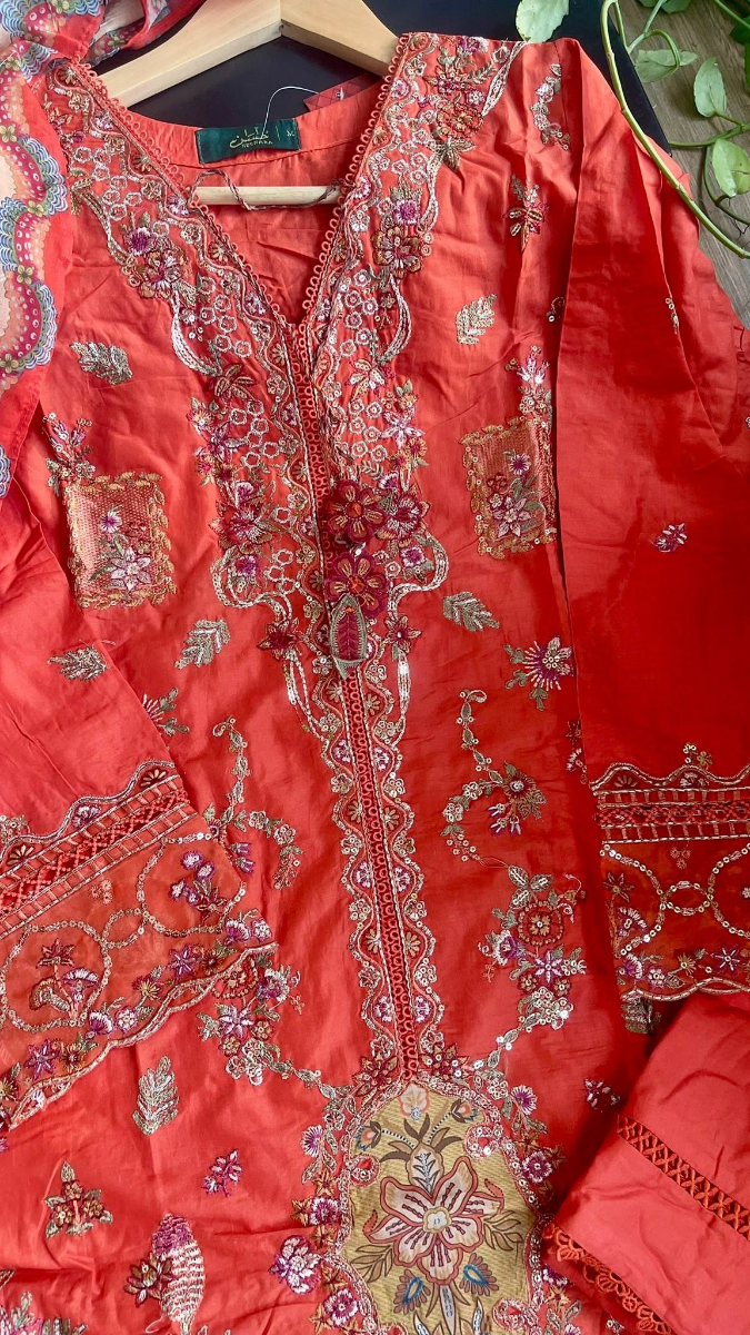 Pakistani Original Husnara Luxury lawn Stitched 3Pcs _ Rust