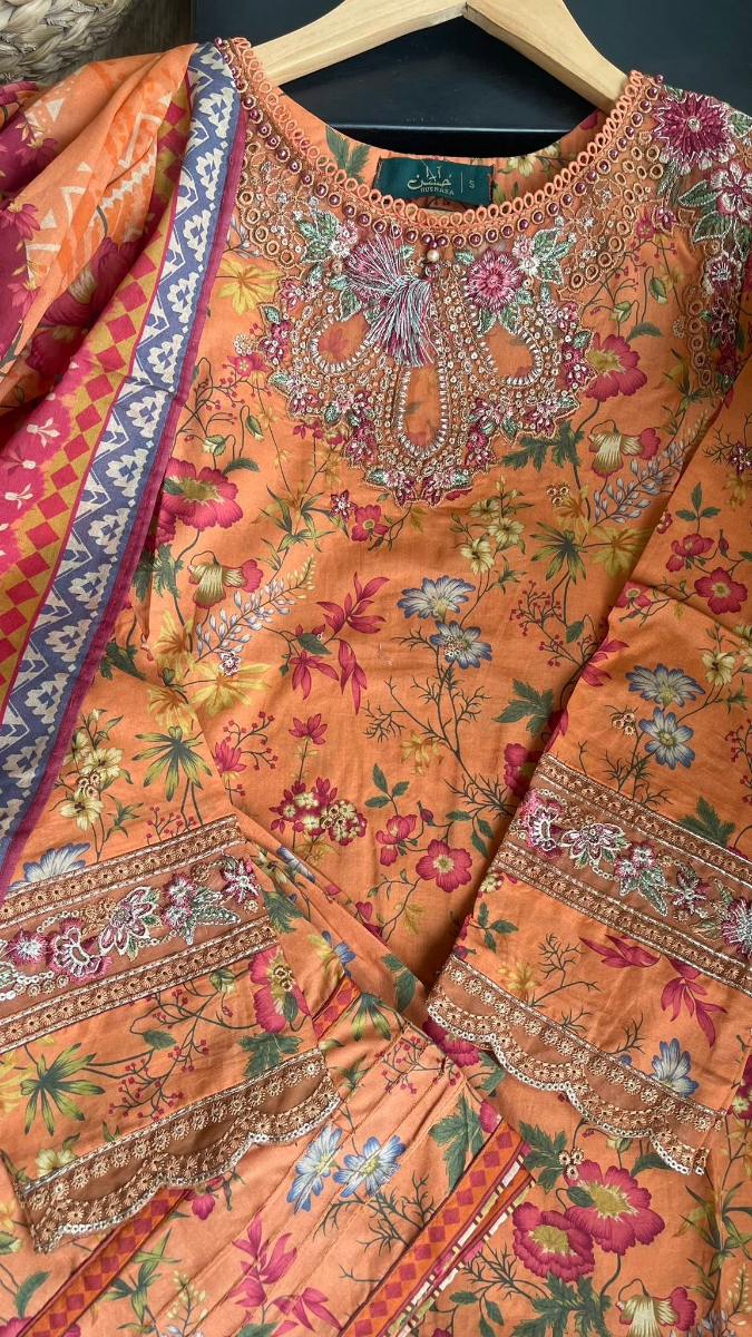 Pakistani Original Husnara Luxury lawn Stitched 3Pcs With Lawn Dupatta _ Rust