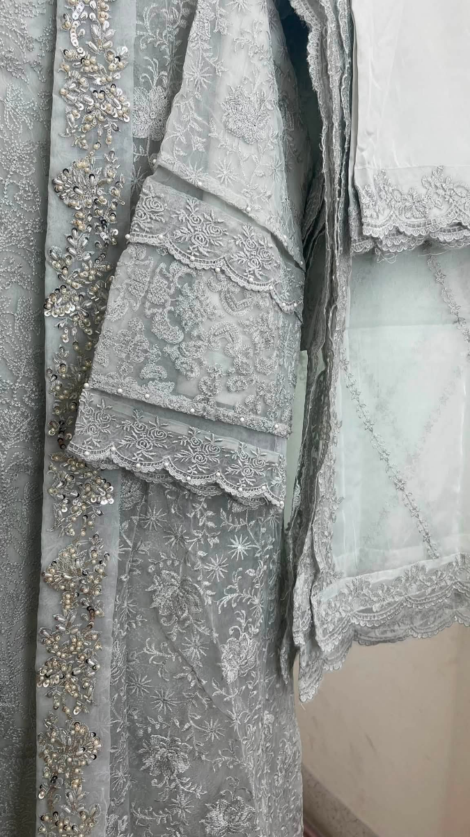 Pakistani Original Mona Embroidery Organza Stitched Gown 4Pcs _ Ash Gray 