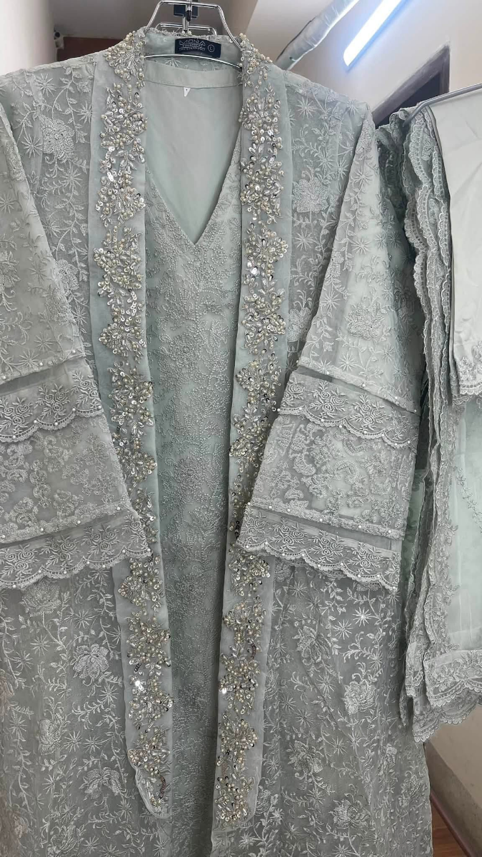 Pakistani Original Mona Embroidery Organza Stitched Gown 4Pcs _ Ash Gray 
