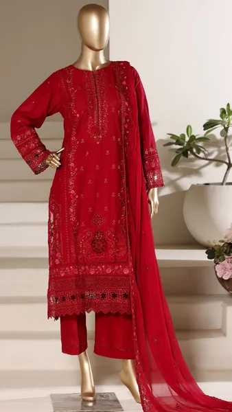 Original Pakistani Sadabahar Luxury Cotton Stitched 3Pc With Chiffon Dupatta _ Maroon Red