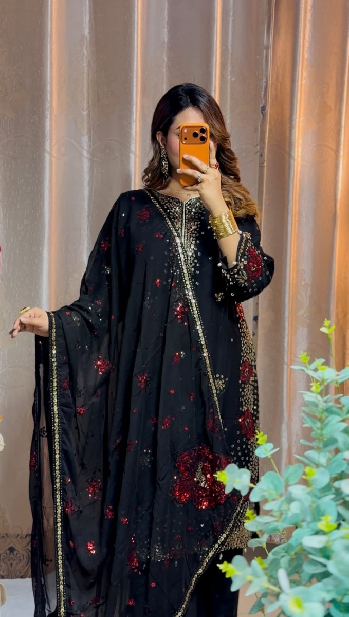 Original Pakistani Chiffon Stitched 3Pcs By Rangoon _ Black