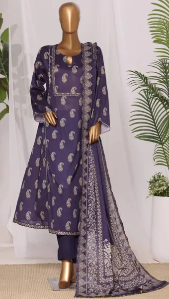 Pakistani Original Bin Saeed Printed Frock Stitched 3Pcs_ Purple 