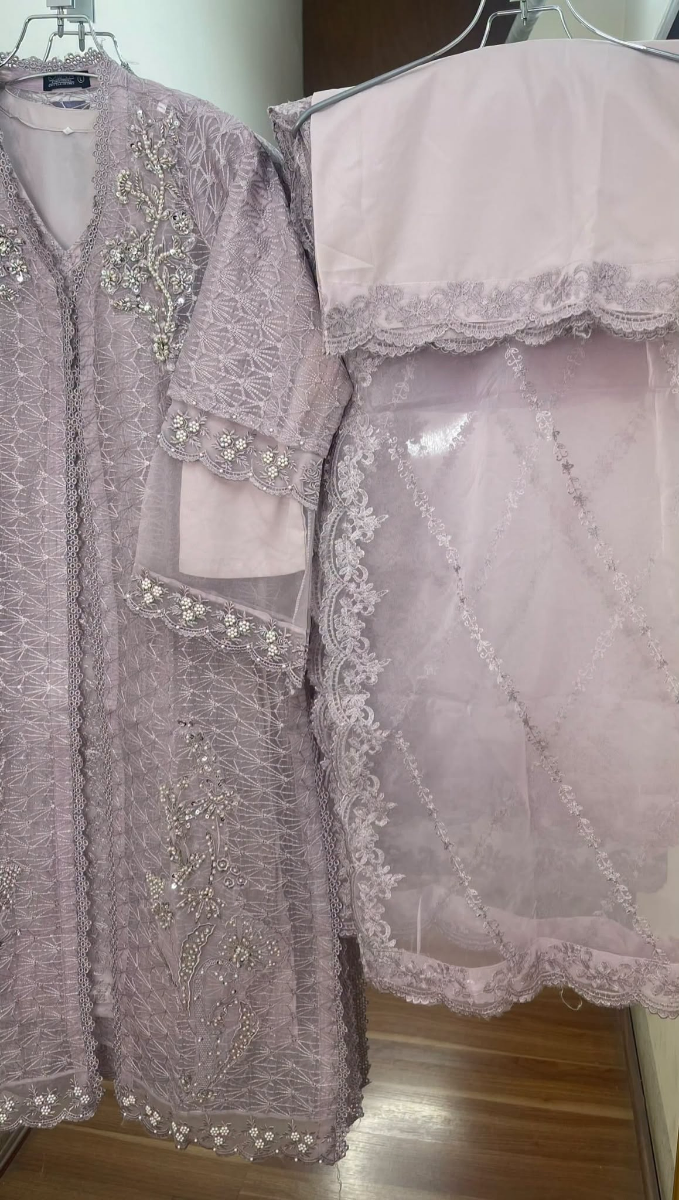 Pakistani Original Mona Embroidery Organza Stitched Gown 4Pcs _ Lavender 