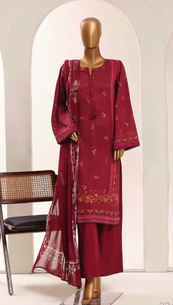Pakistani Original Sadabahar Printed Lawn Stitched 3Pcs _ Dark Maroon 