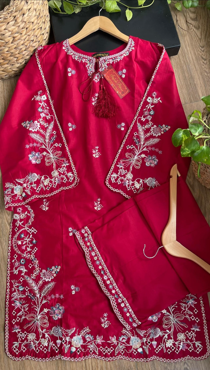 Original Pakistani Hayat’s Cotton Embroidered Stitched 2Pcs _ Maroon