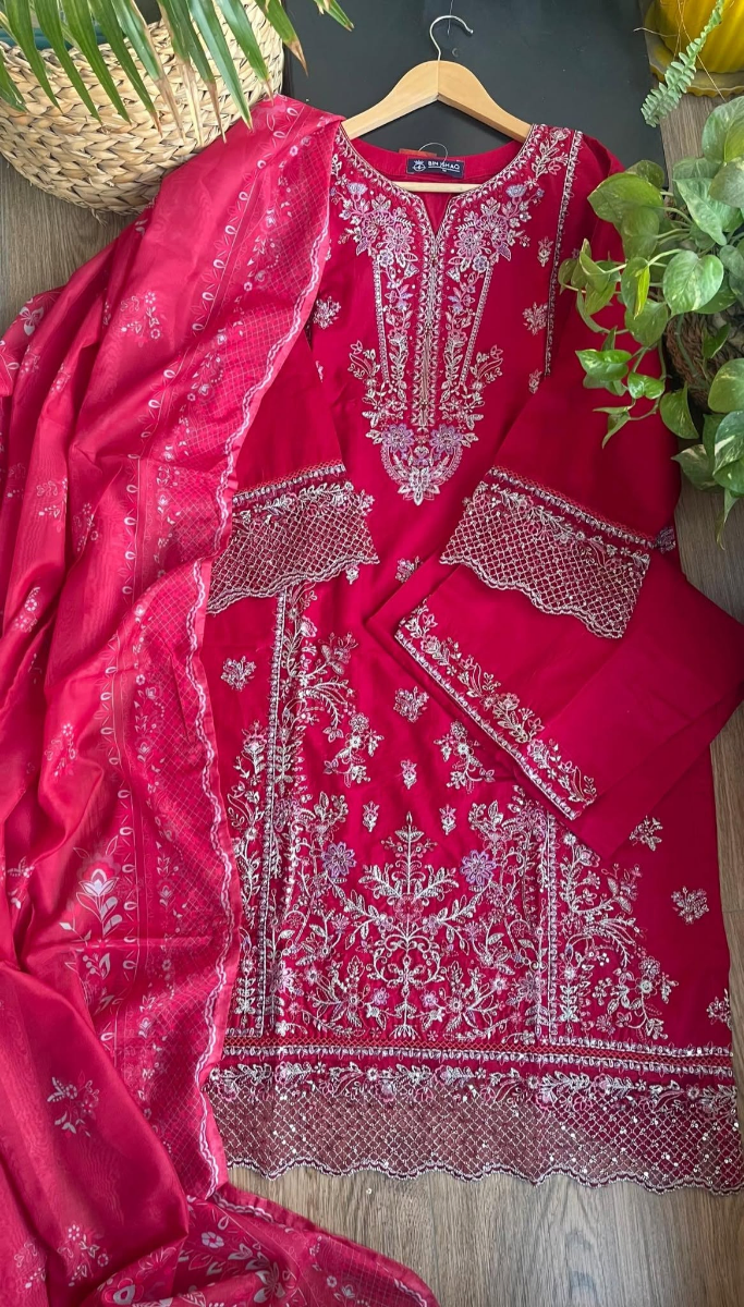 Pakistani Original Hayat’s Sister Brand Bin Ishaq Stitched Cotton 3Pcs Collection _ Red