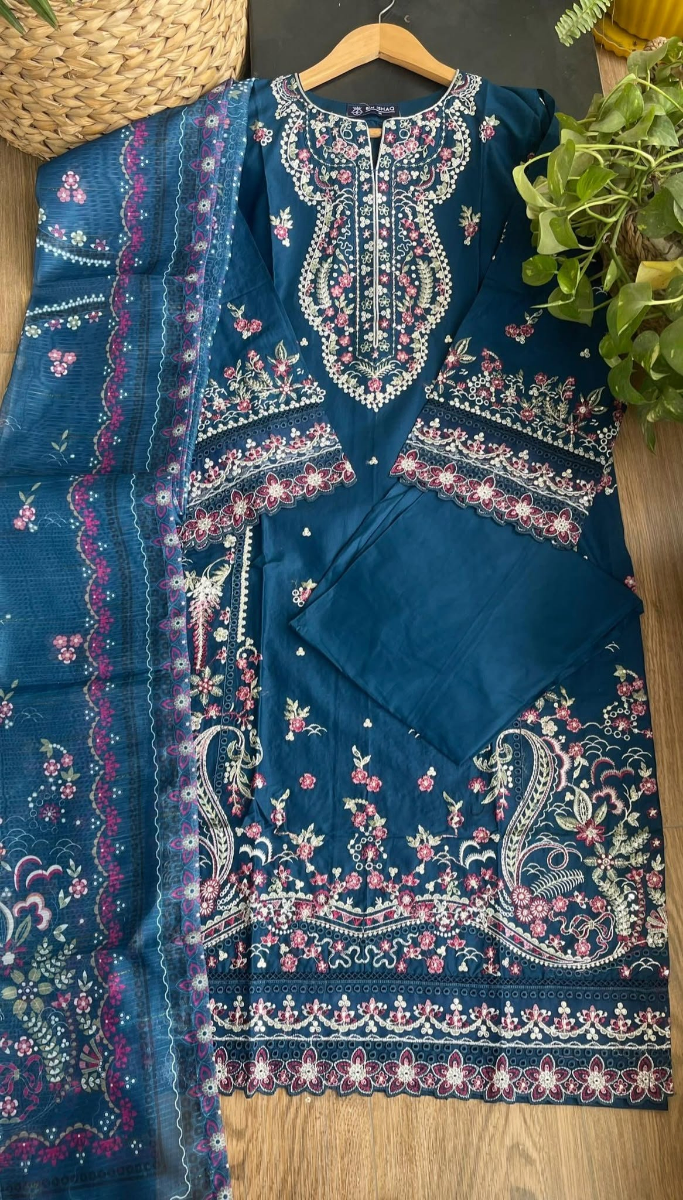 Pakistani Original Hayat’s Sister Brand Bin Ishaq Stitched Cotton 3Pcs Collection _ Navy Blue