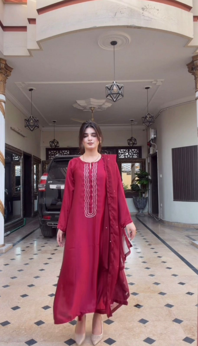 Pakistani Lasercut Silk Stitched 3Pcs_ Maroon