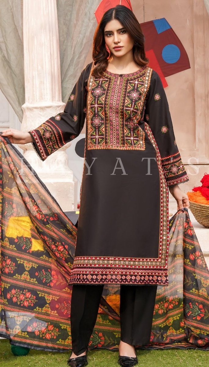 Original Pakistani Hayat’s Cotton Embroidered Stitched 3pcs _ Black