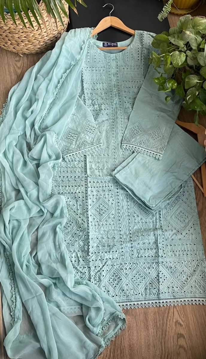 Pakistani Original Hayat’s Embroidered Stitched Cotton 3Pcs _ Mint