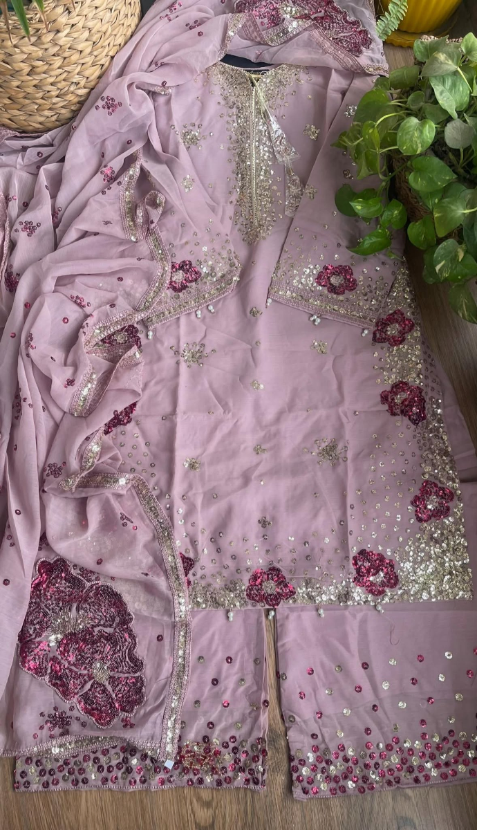 Original Pakistani Chiffon Stitched 3Pcs By Rangoon _ Mauve