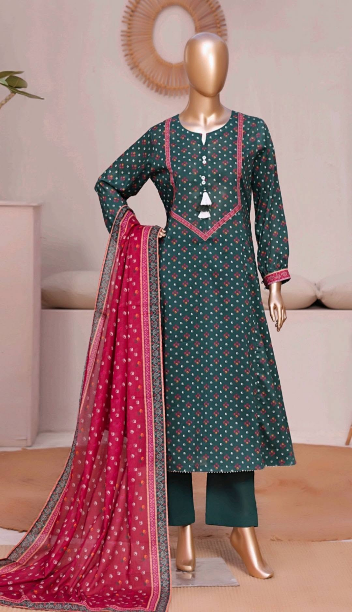 Pakistani Original Bin Saeed Printed Frock Stitched 3Pcs Collection _ Green