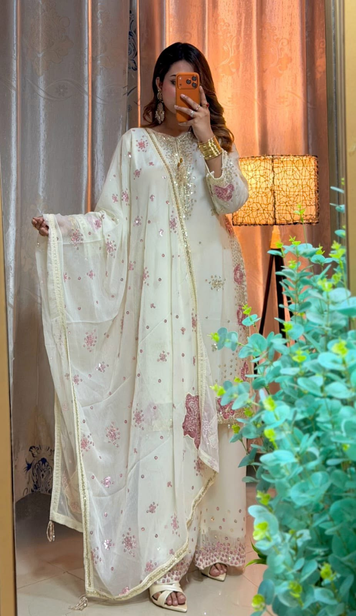 Original Pakistani Chiffon Stitched 3Pcs By Rangoon _ Off White