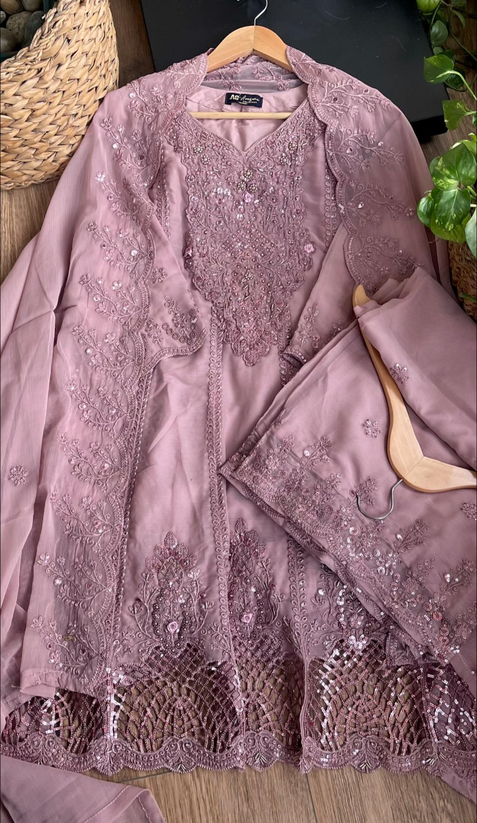 Original Pakistani Chiffon Stitched Frock With Palazzo Set _ Mauve Pink