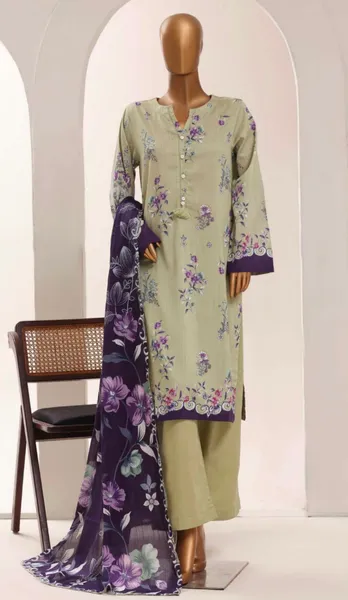 Pakistani Original Sadabahar Printed Lawn Stitched 3Pcs _ Light Olive Green