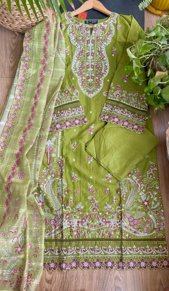 Pakistani Original Hayat’s Sister Brand Bin Ishaq Stitched Cotton 3Pcs_ Olive