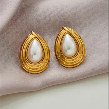 Stainless Steel Water Drop Shape Pearl  Earring