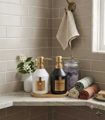 2-Piece Ceramic Soap Dispenser Set with Bamboo Tray – White & Black, Gold Pump