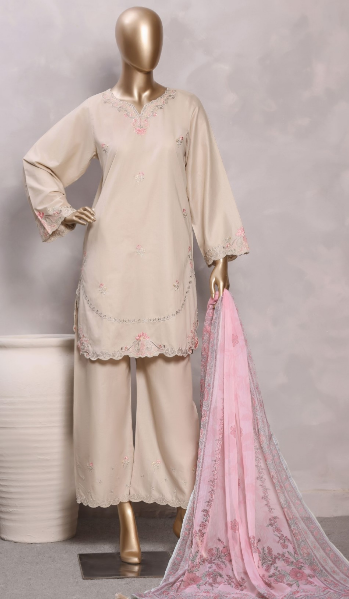 Pakistani Original Sadabahar Eclair Embroidered Lawn Stitched 3 Piece Suit _ Beige 