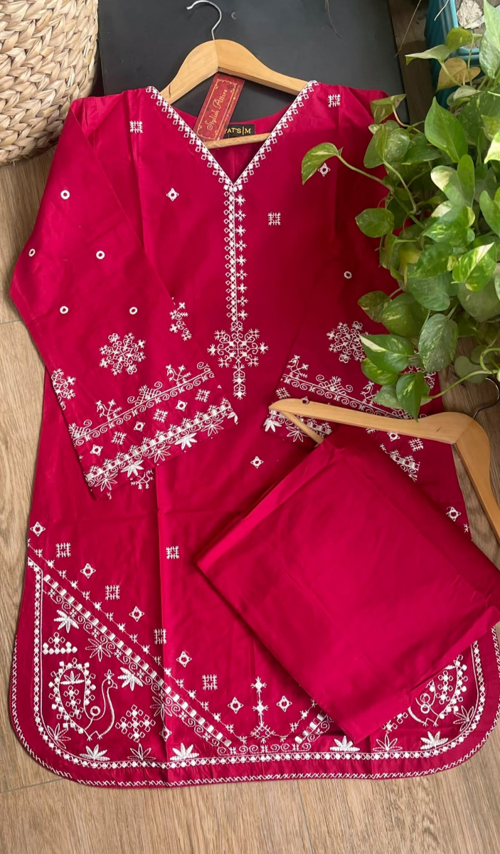 Pakistani Original Hayat's Cotton Embroidered Stitched 2Pc _ Maroon Red