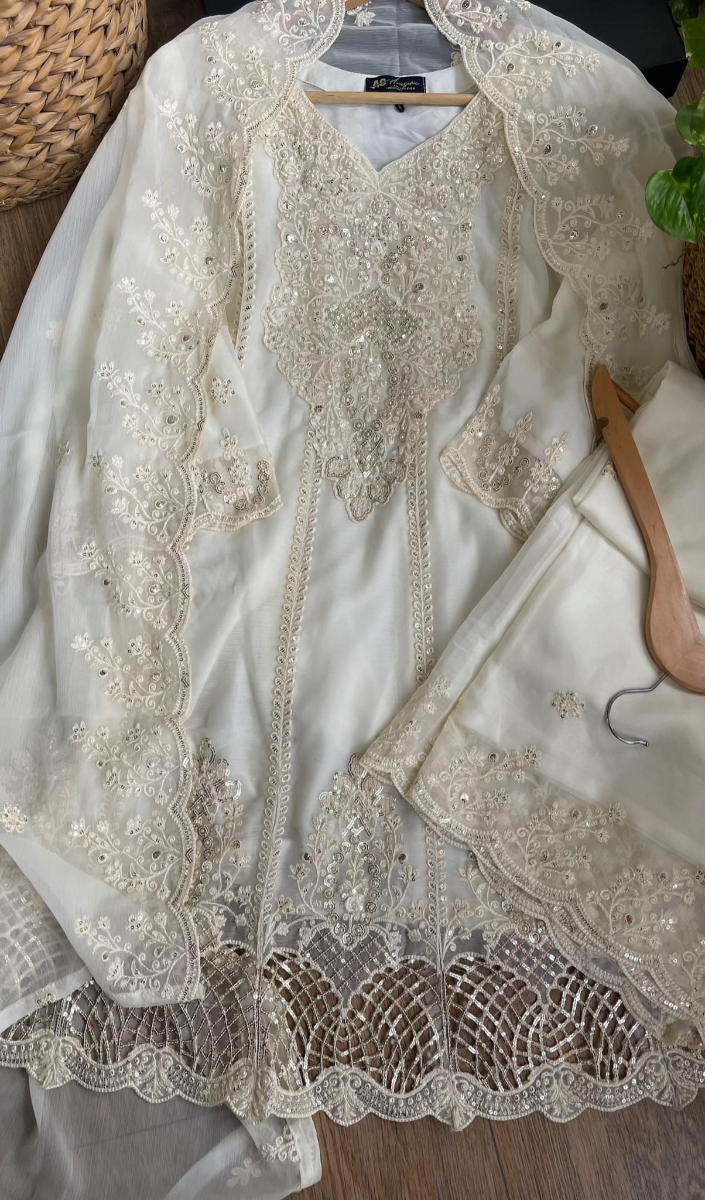 Original Pakistani Chiffon Stitched Frock With Palazzo Set _ Off White