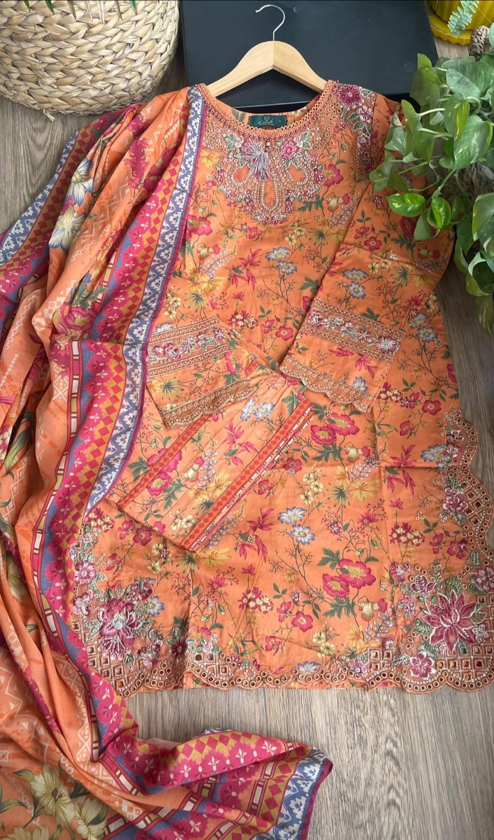 Pakistani Original Husnara Luxury lawn Stitched 3Pcs With Lawn Dupatta _ Rust