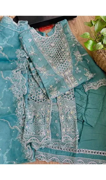 Pakistani Original Husnara Luxury Organza Stitched 3 Pcs_ Aqua Mint