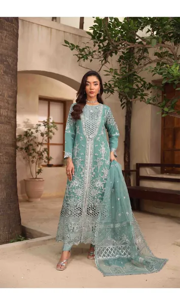 Pakistani Original Husnara Luxury Organza Stitched 3 Pcs_ Aqua Mint
