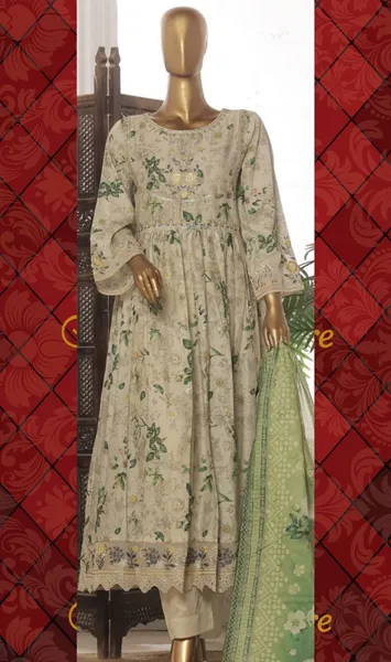 Pakistani Original Bin Saeed luxury Stitched Cotton Embroidered Gown 3 Pcs_Off White