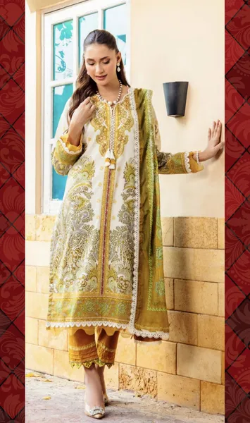 Pakistani Original Guladhar Premium Cambric Cotton Stitched 3pcs _ Mustard 