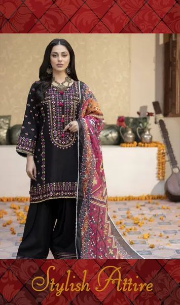 Pakistani Rangoon Stitched Cotton 3pcs _ Black