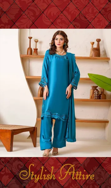 Pakistani Lasercut Silk Stitched 3Pcs with Chiffon Dupatta & Farshi Salwar _ Sea Green