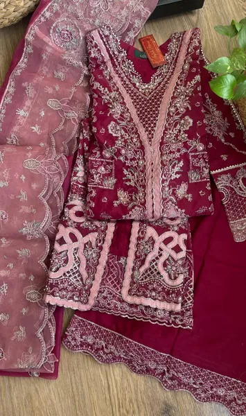 Pakistani Original Husnara Luxury Organza Stitched 3 Pcs_ Dark Maroon
