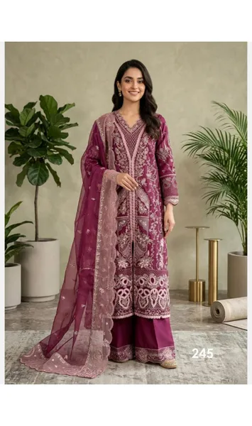 Pakistani Original Husnara Luxury Organza Stitched 3 Pcs_ Dark Maroon