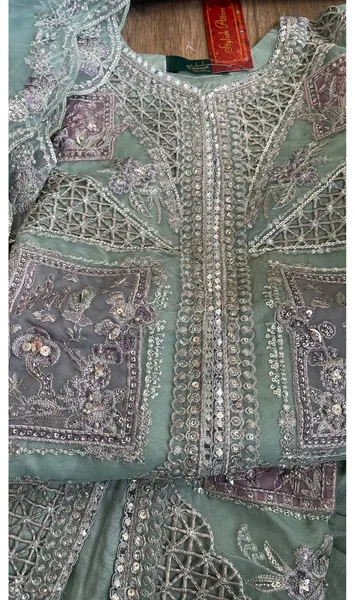 Pakistani Original Husnara Luxury Organza Stitched 3 Pcs_ Mint