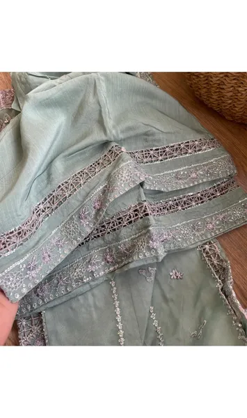 Pakistani Original Husnara Luxury Organza Stitched 3 Pcs_ Mint