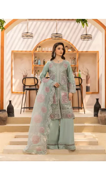 Pakistani Original Husnara Luxury Organza Stitched 3 Pcs_ Mint