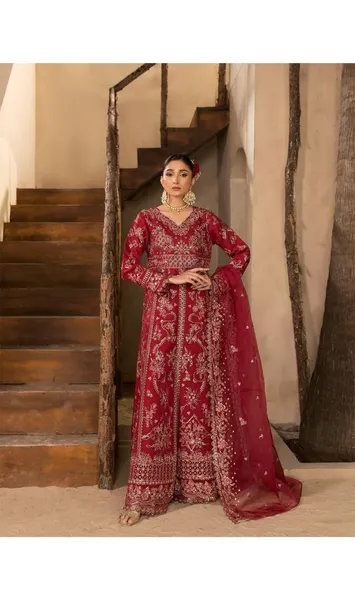 Pakistani Original Husnara Luxury Organza Stitched 3 Pcs_ Dark Magenta