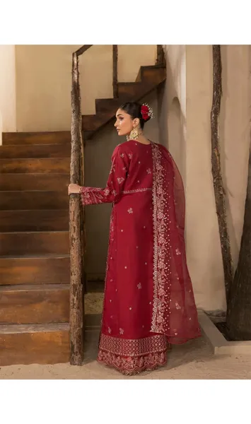 Pakistani Original Husnara Luxury Organza Stitched 3 Pcs_ Dark Magenta