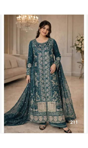 Pakistani Original Husnara Luxury Organza Stitched 3 Pcs_ Sea Green