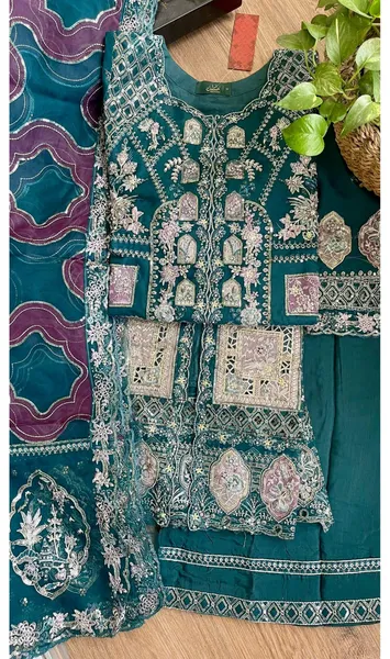 Pakistani Original Husnara Luxury Organza Stitched 3 Pcs_ Sea Green